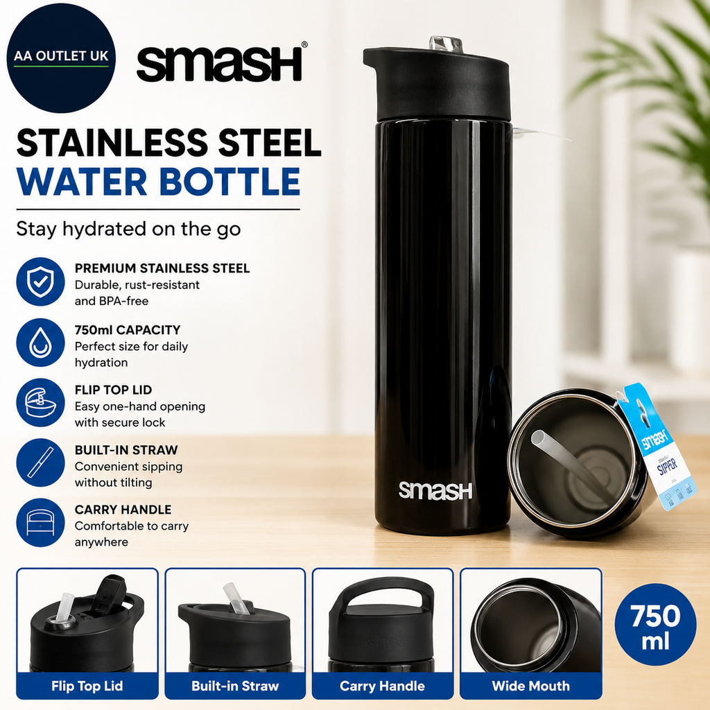 Smash Stainless Steel Water Bottle 750ml Black Flip Top Lid Straw Carry Handle