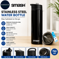 Smash Stainless Steel Water Bottle 750ml Black Flip Top Lid Straw Carry Handle