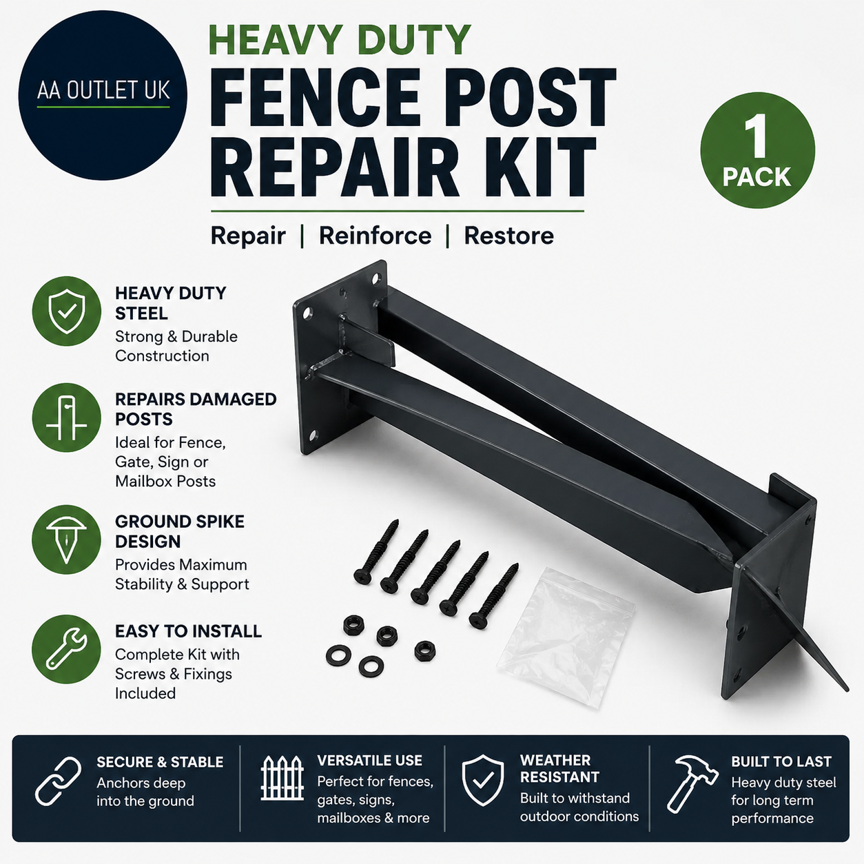 1 Pcak Fence Post Repair Kit Heavy Duty Fence Post Steel Anchor Ground Spike