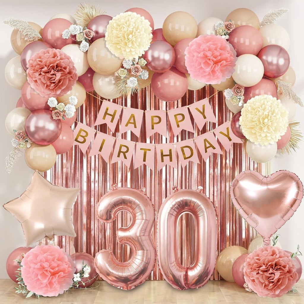 Rose Gold 30th Happy Birthday Decorations Woman Balloons Set Banner