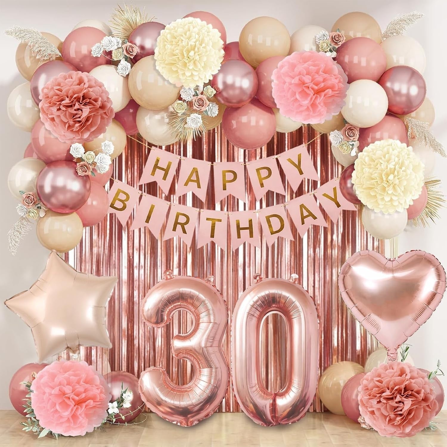 Rose Gold 30th Happy Birthday Decorations Woman Balloons Set Banner