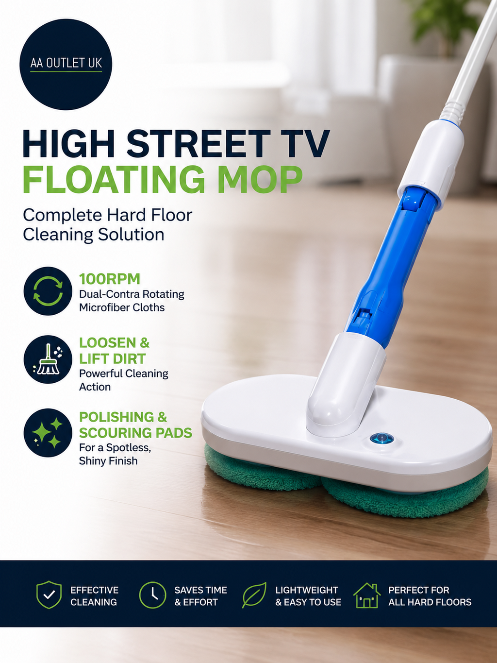 High Street TV Floating Mop Cordless & Rechargeable 100RPM Dual Contra Rotating