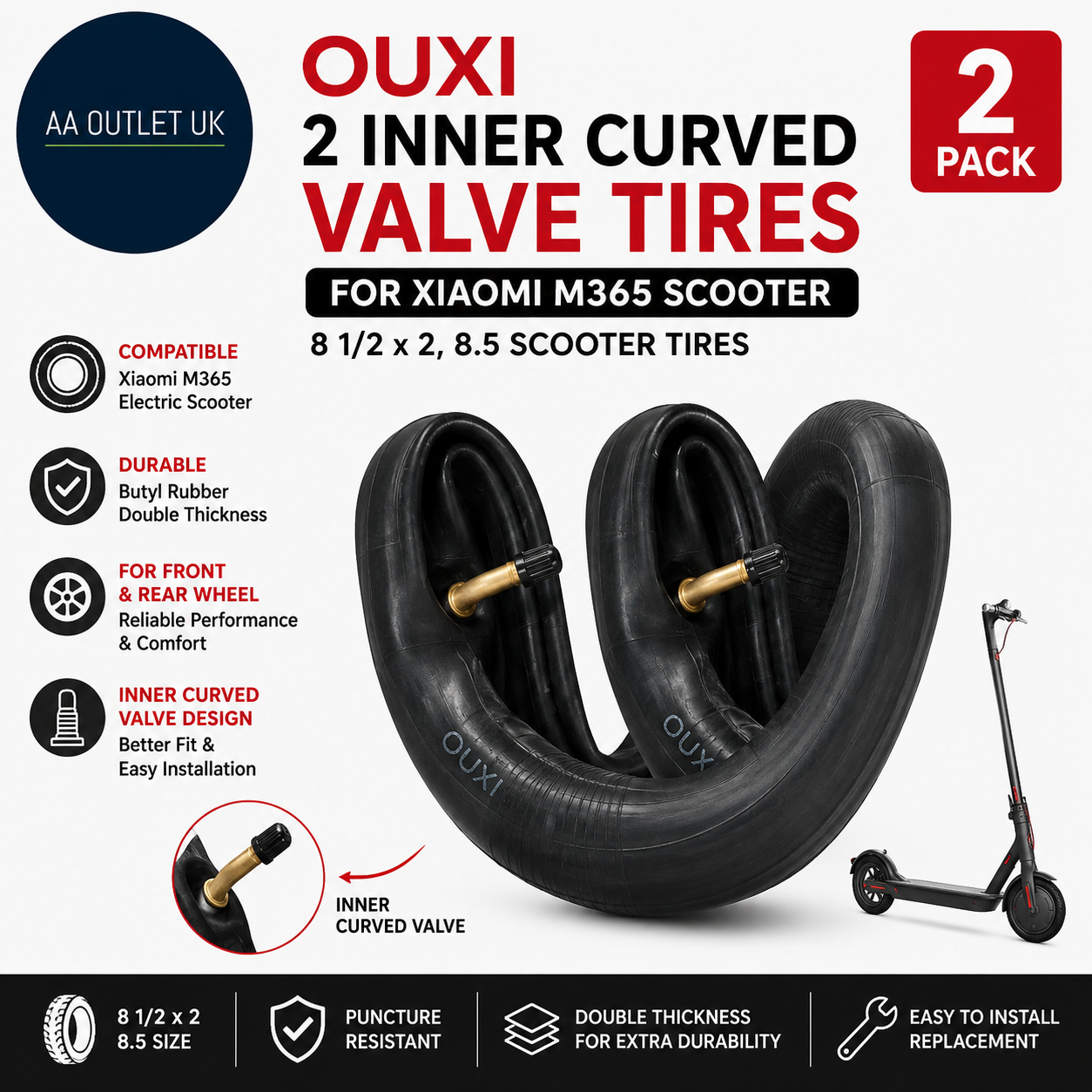 OUXI 2 Inner Curved Valve Tires Xiaomi M365 Scooter 8 1/2x2 8.5 Tyre