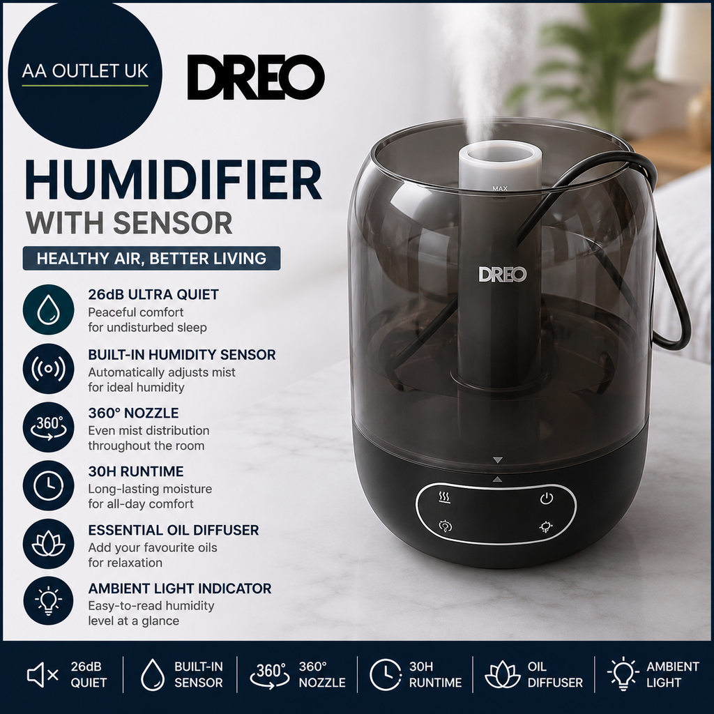 Dreo Humidifier Bedroom Sensor 26dB Quiet Cool Mist Ultrasonic 360 Black
