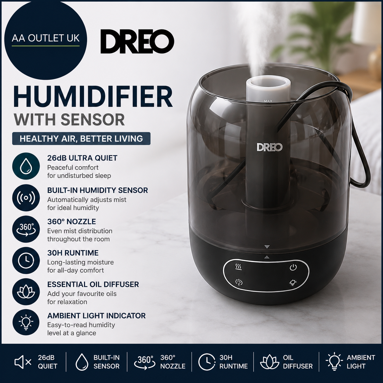 Dreo Humidifier Bedroom Sensor 26dB Quiet Cool Mist Ultrasonic 360 Black