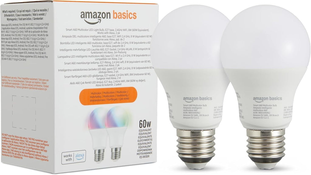 Amazon Basics Smart Multicolor LED Light Bulb E27 Base 8W Alexa Only 2 Pack New