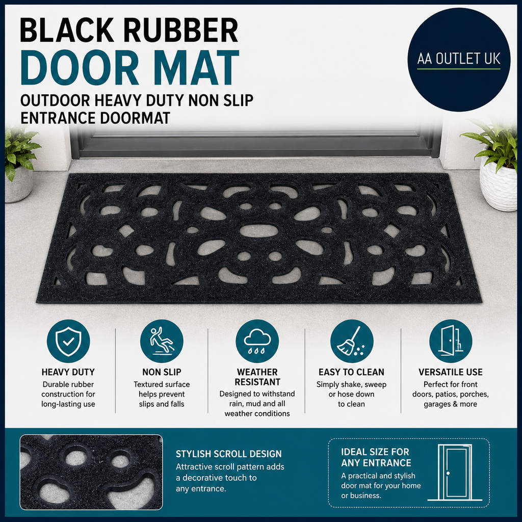Black Rubber Door Mat Outdoor Heavy Duty Non Slip Entrance Doormat Scroll Design