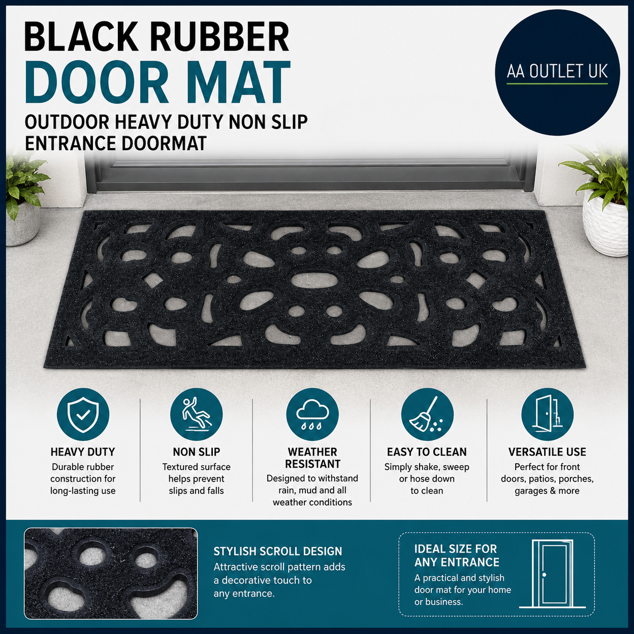 Black Rubber Door Mat Outdoor Heavy Duty Non Slip Entrance Doormat Scroll Design