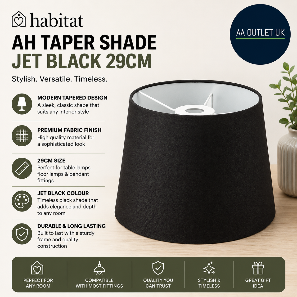 Ah Taper Shade Jet Black Stylish Versatile Timeless Modern 29cm