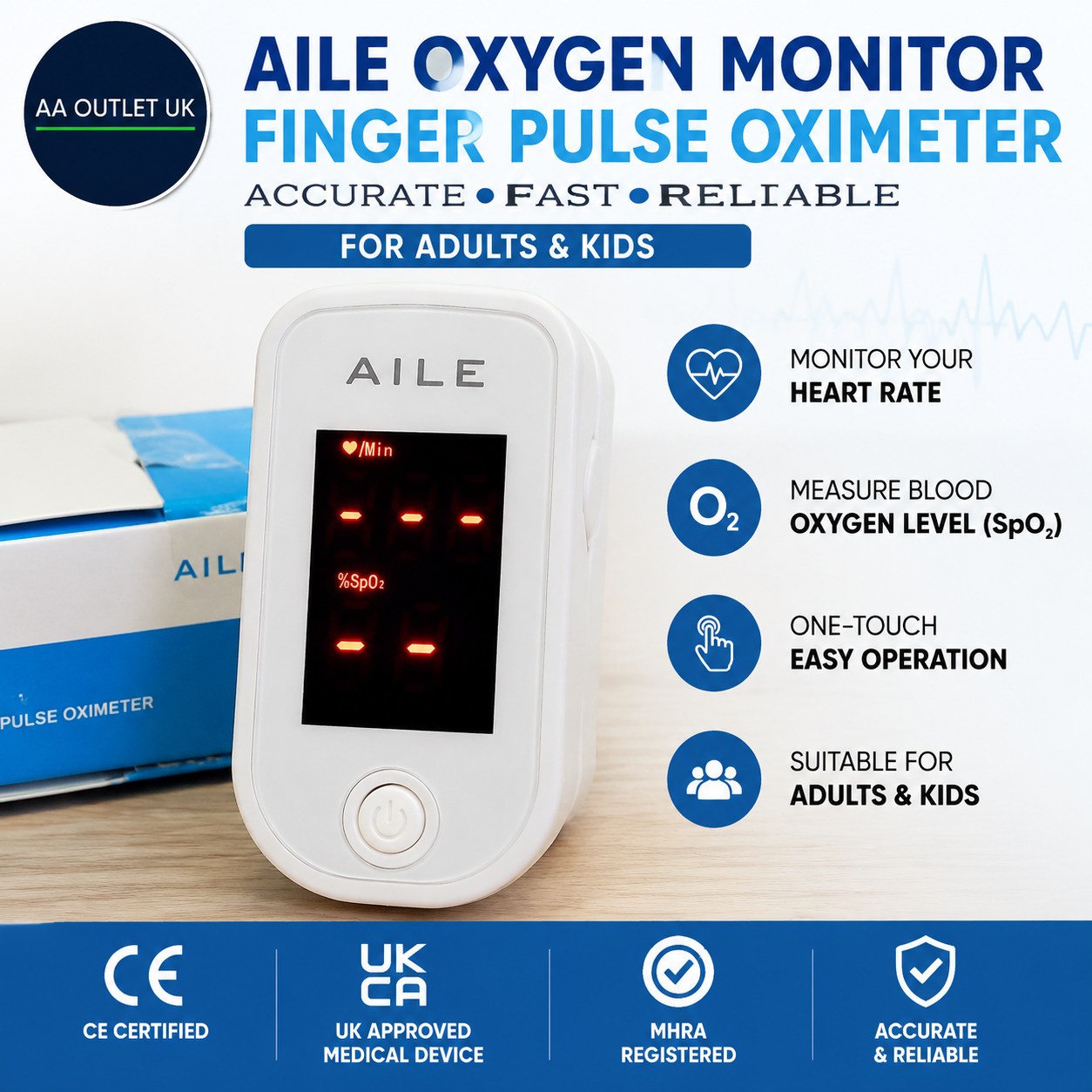 AILE Pulse Oximeter Oxygen Meter Adults Accurate Fast Easy Larger Red Screen