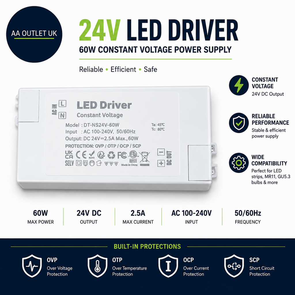 VARICART 24V LED Driver 60W Power Supply 2.5A AC 240 To 24V DC Transformer White