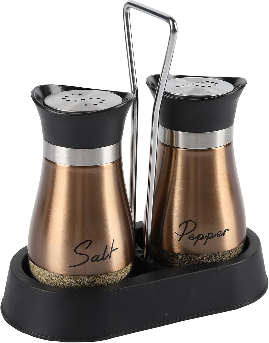 HZPZPP  Salt Pepper Shakers Holder Set 2 Stainless Steel Glass Gold New