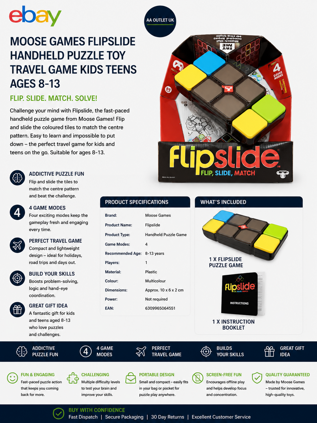 Moose Games Flipslide Handheld Puzzle Toy Travel Game Kids Teens Ages 8-13