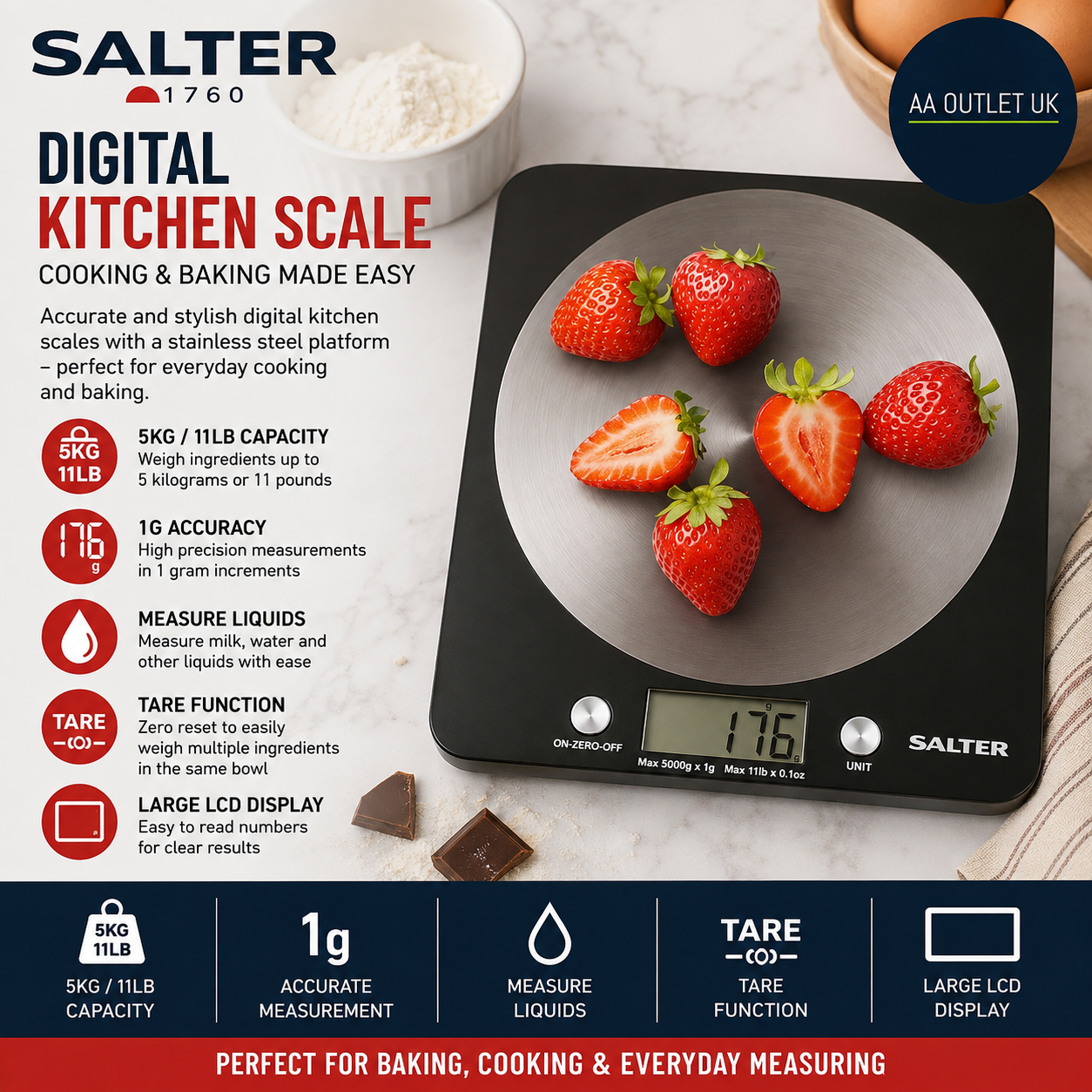 Salter 1036 BKSSDR Digital Kitchen Cooking Baking Scales 5KG Capacity