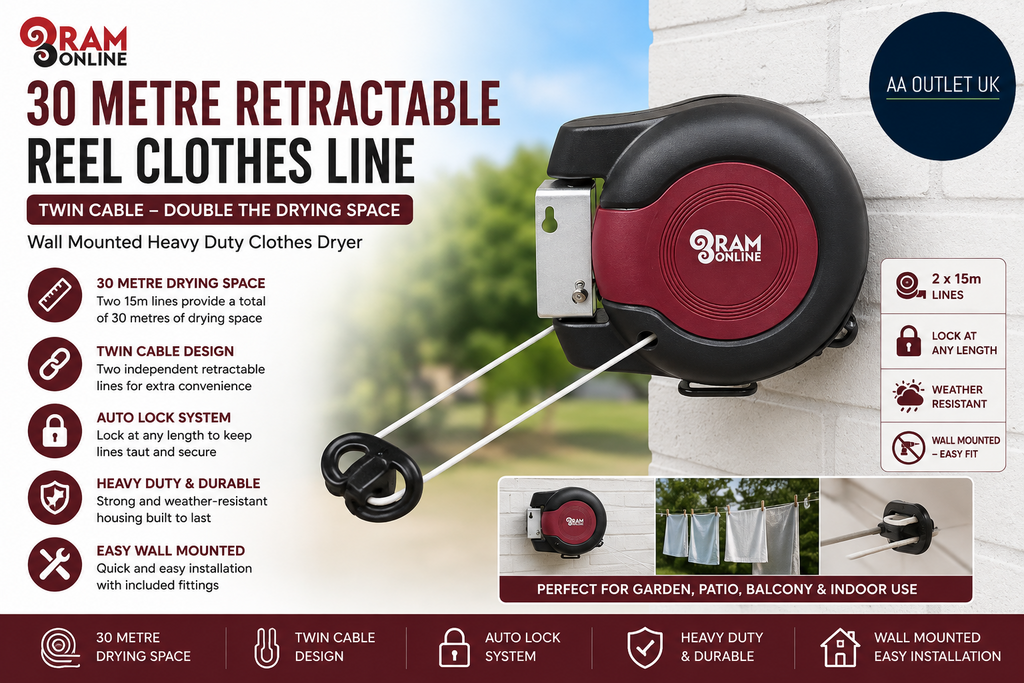 Ram Retractable Clothes Line Double Cable Heavy Duty Wall Mounted