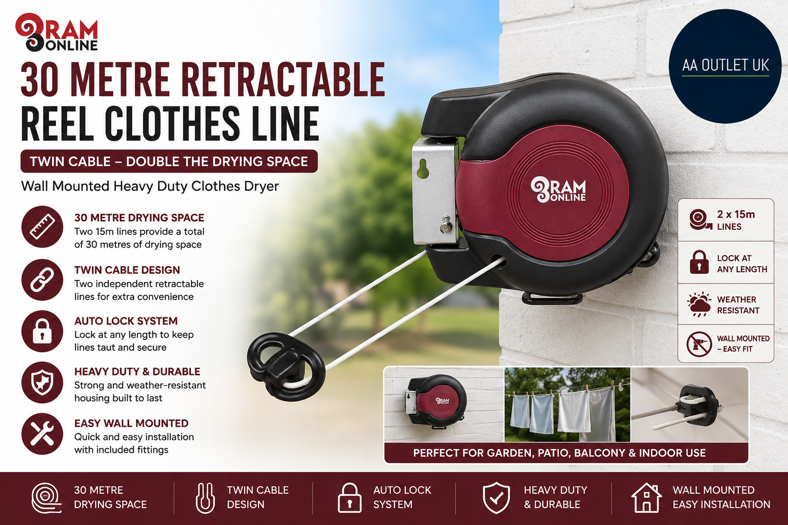 Ram Retractable Clothes Line Double Cable Heavy Duty Wall Mounted