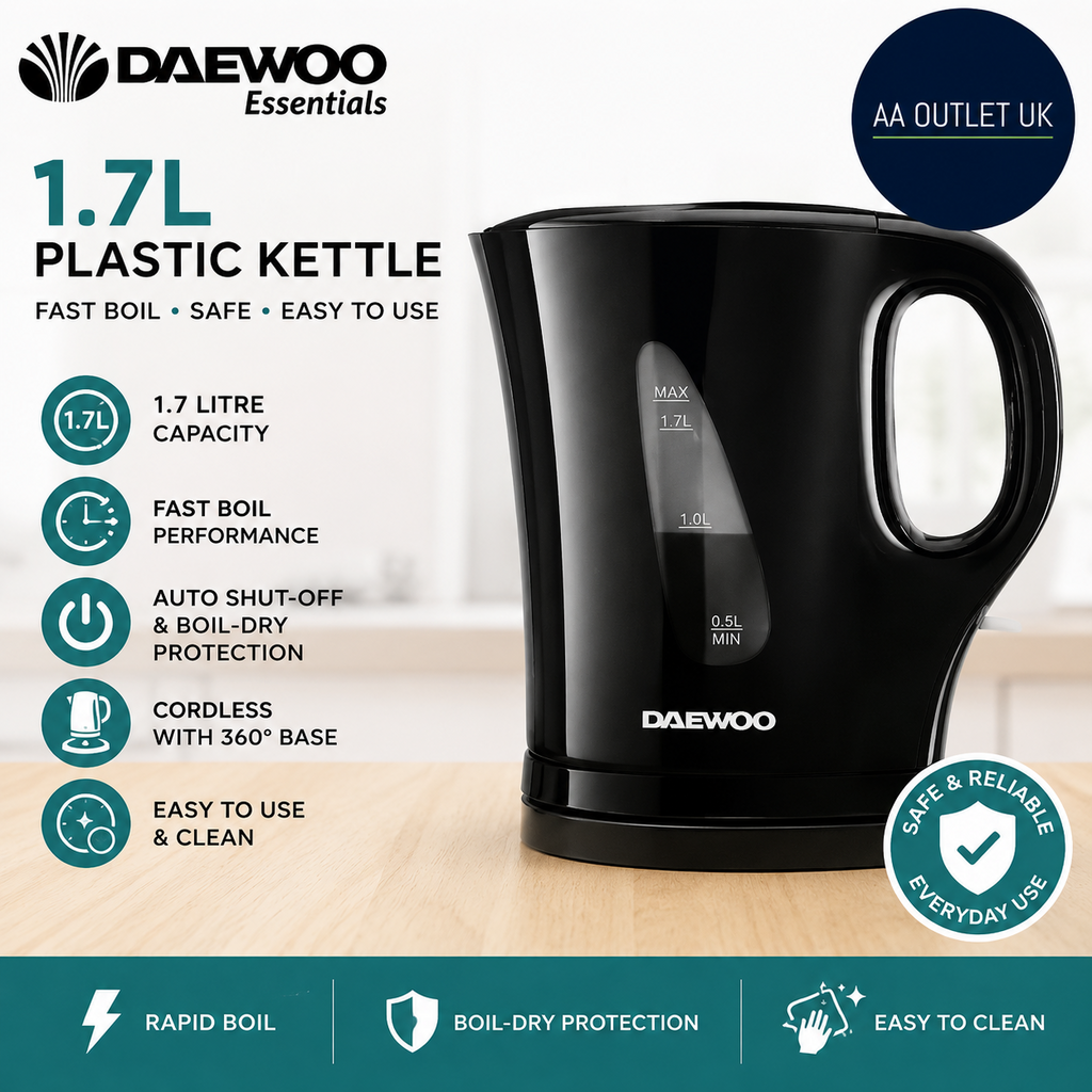 Daewoo Essentials 1.7L Fast Boil Electric Kettle Black Plastic Cordless 2200W