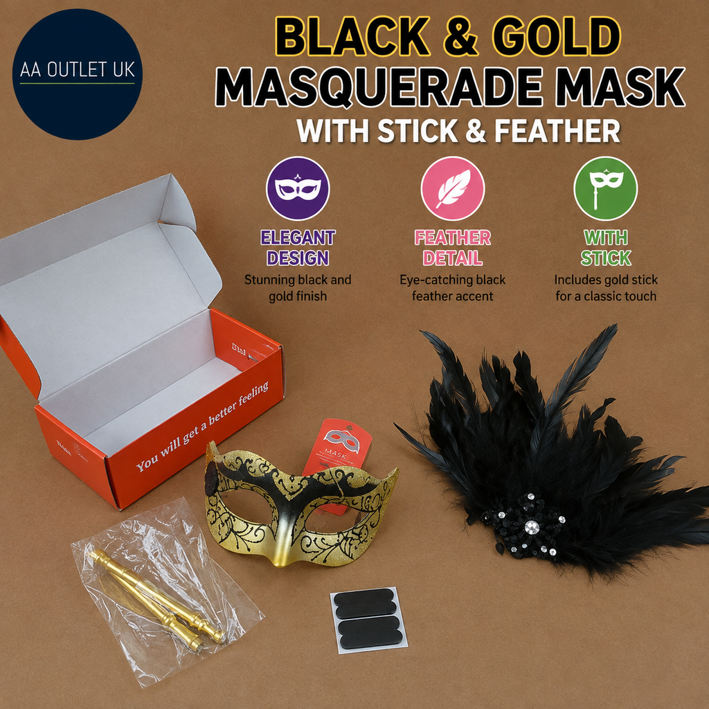Black Gold Masquerade Mask Stick Feathered Halloween Party Cosplay Design New