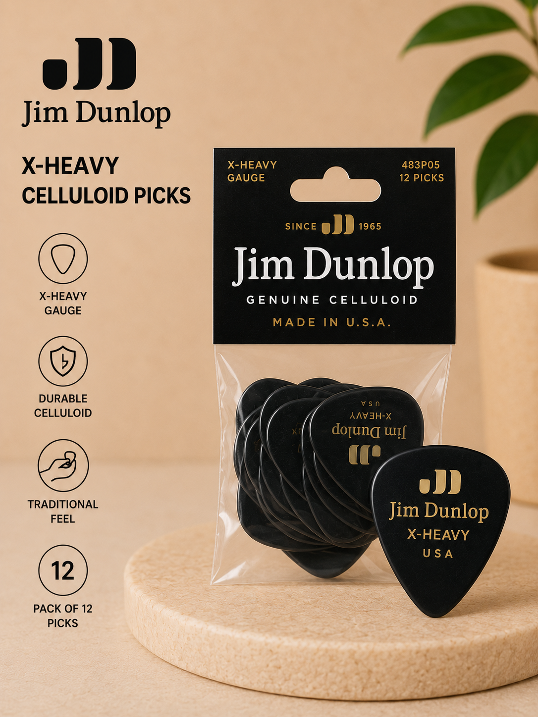 Jim Dunlop 483P03XH Extra Heavy Celluloid Pick Player Black Pack Of 12 New