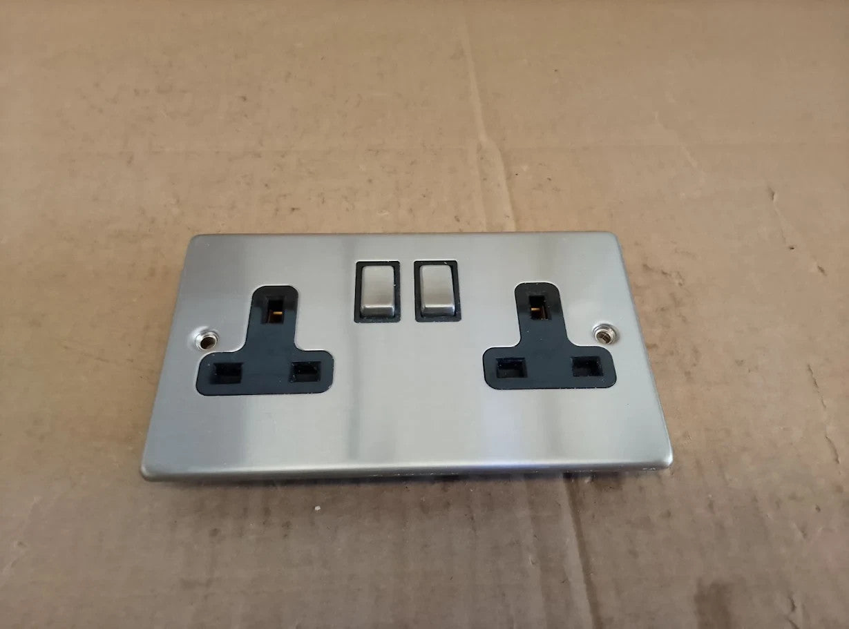 Status Stainless Steel Double Switched Power Plug Wall Socket 13Amp 2 Gang