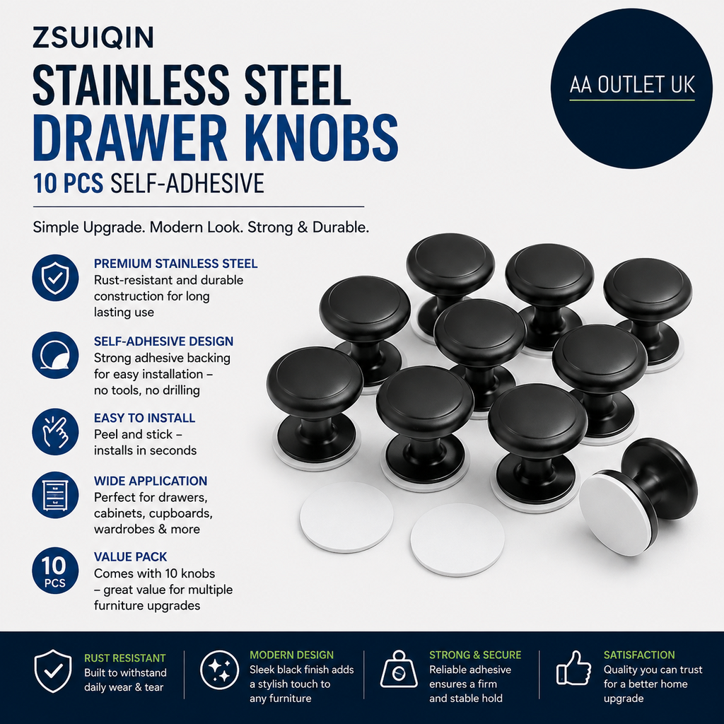 Zsuiqin Stainless Steel Drawer Knobs Waterproof 38x22mm 10pc Self Adhesive Black