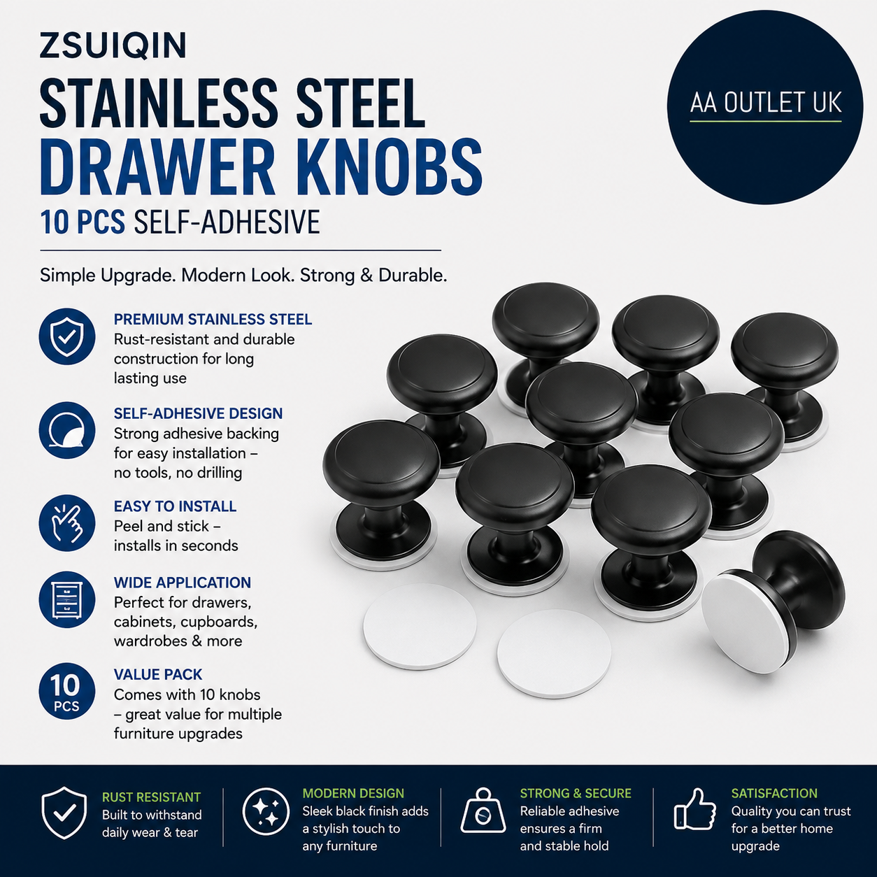 Zsuiqin Stainless Steel Drawer Knobs Waterproof 38x22mm 10pc Self Adhesive Black