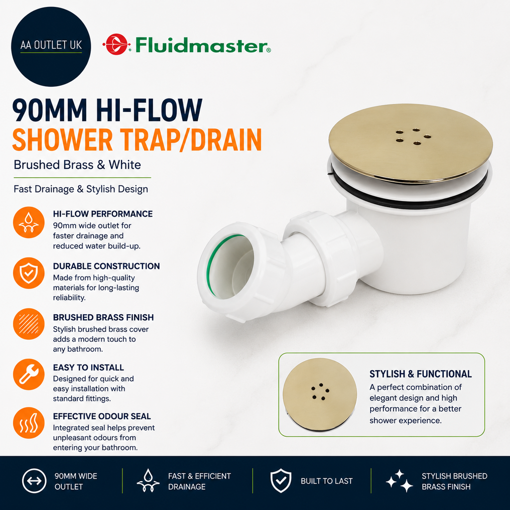 Fluidmaster 90mm Hi Flow Shower Trap Drain Brushed Brass White Fast Drainage