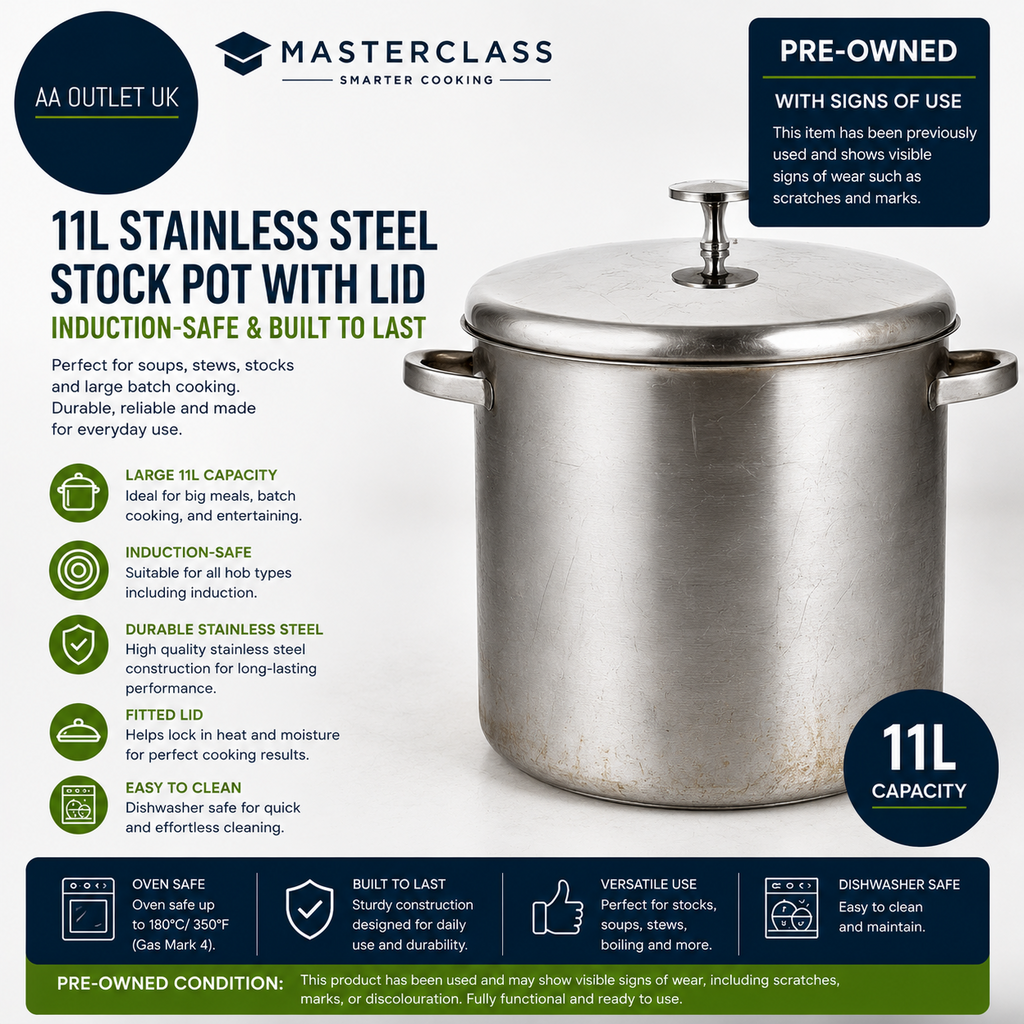 MasterClass Stock Pot Lid 11L Induction Safe Stainless Steel Silver