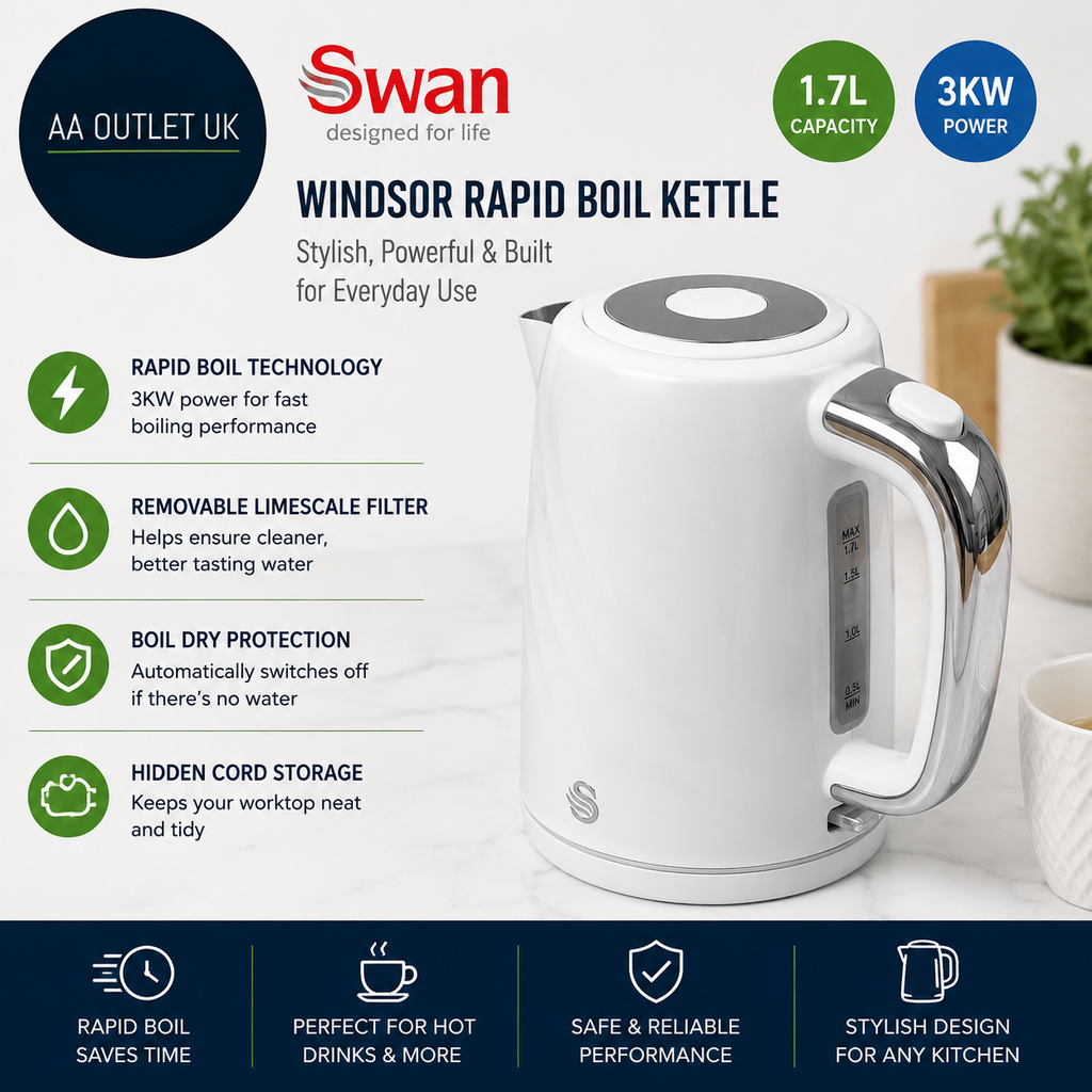 Swan SK14611WHT Windsor Rapid Boil Kettle Removable Limescale 3000W 1.7L White