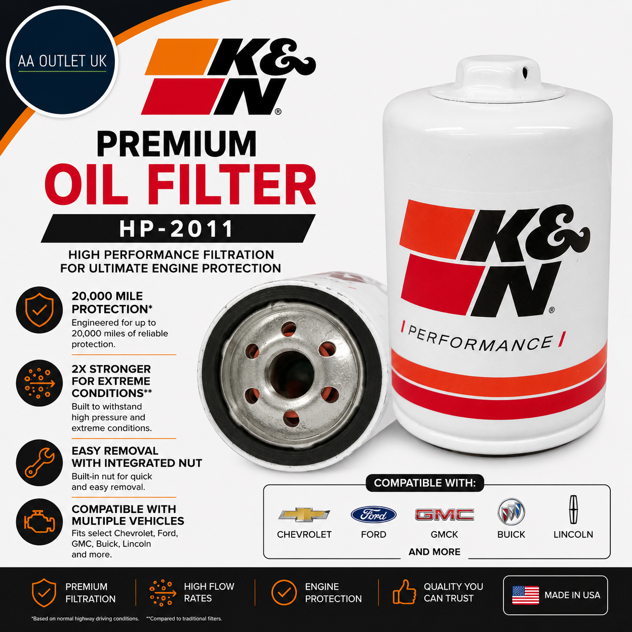 K&N HP2011 Performance Spin On Oil Filter Chevrolet Ford GMC Buick Lincoln