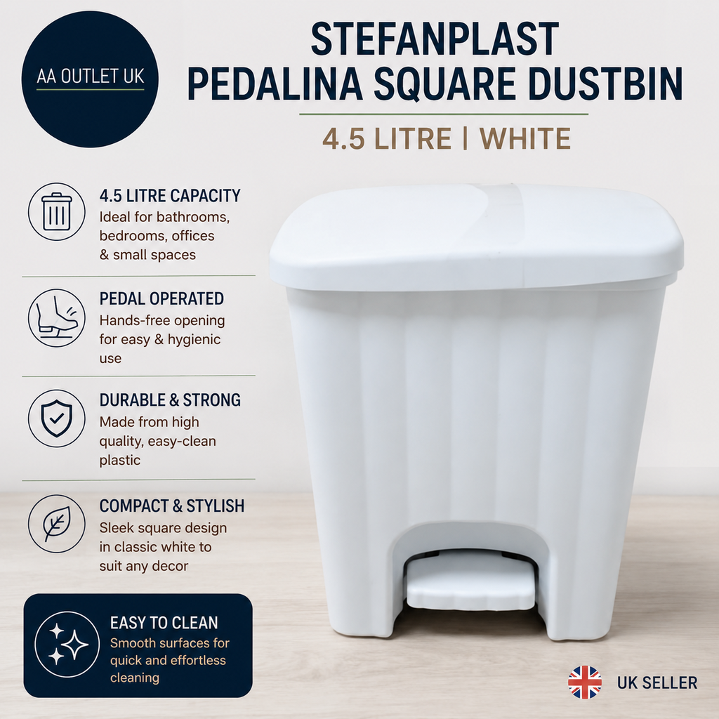 Stefanplast Pedalina Square Dustbin Durable Strong Pedal Open White 4.5L