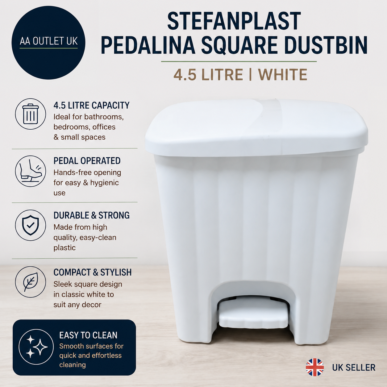 Stefanplast Pedalina Square Dustbin Durable Strong Pedal Open White 4.5L