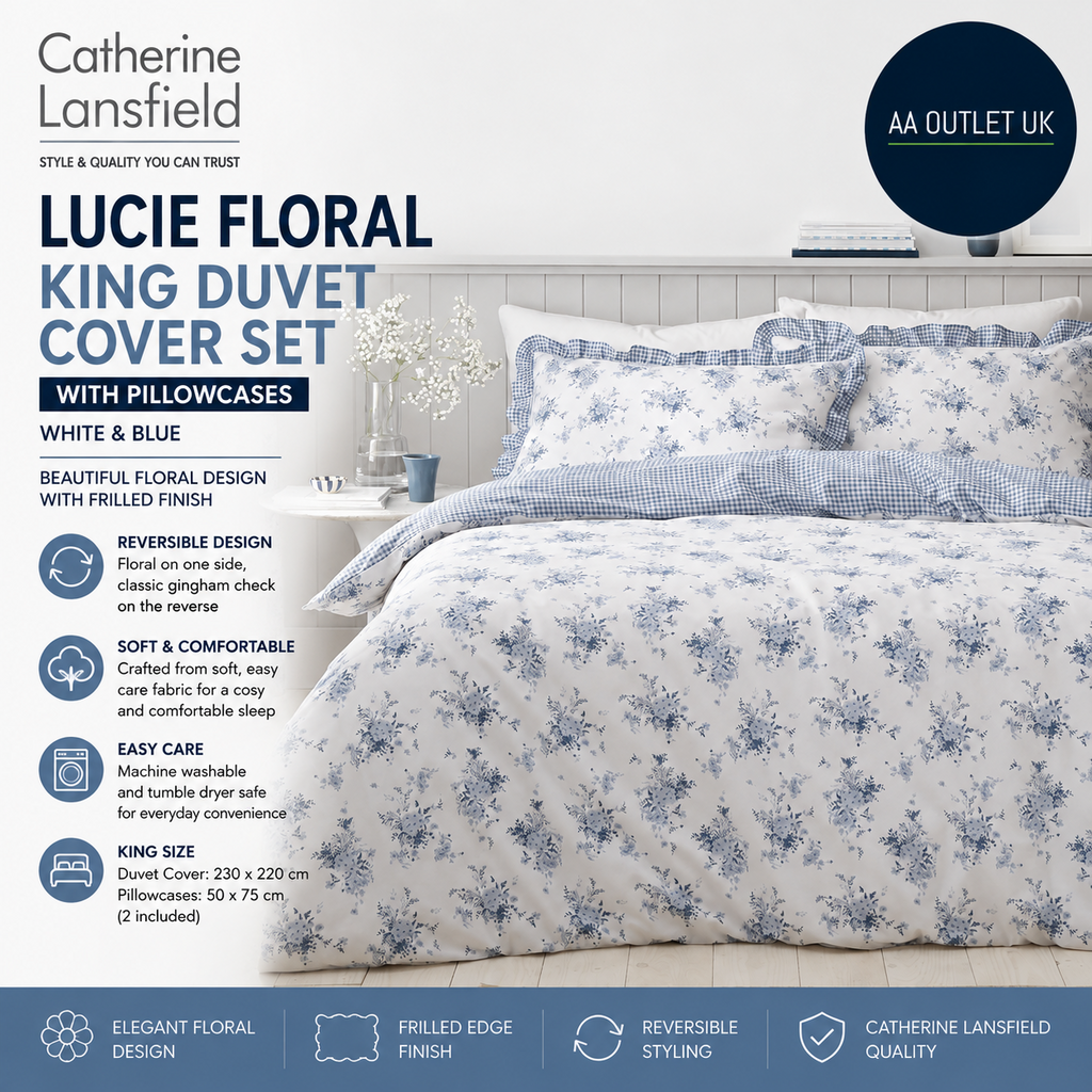 Catherine Lansfield Lucie Floral Frill Reversible King Duvet Cover White Blue