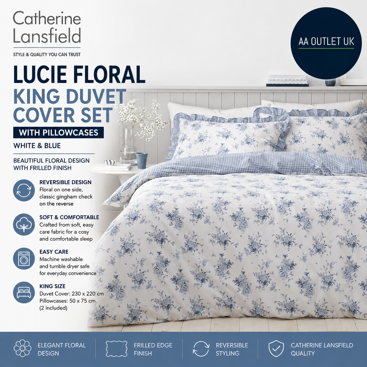 Catherine Lansfield Lucie Floral Frill Reversible King Duvet Cover White Blue