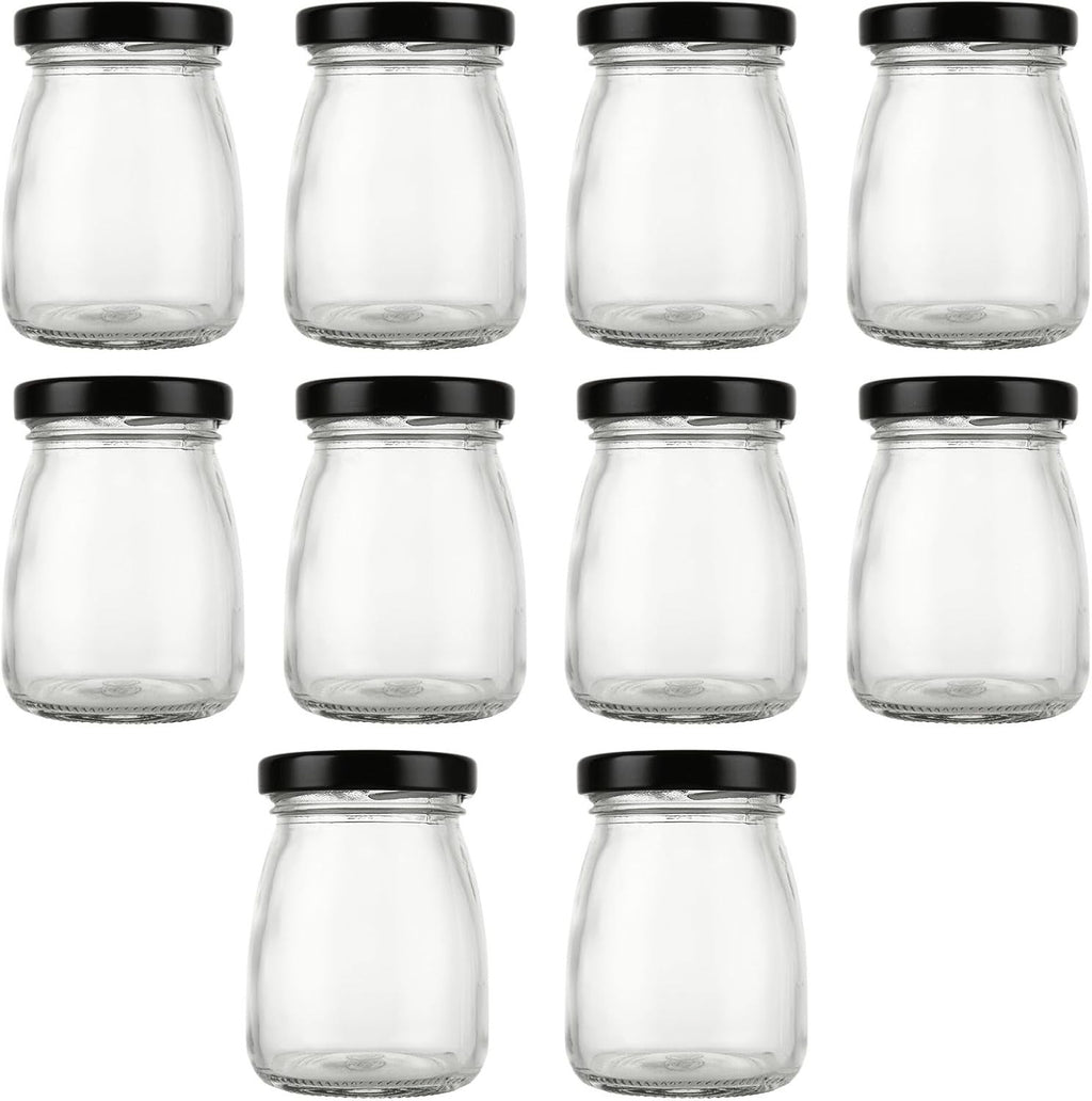 ASelected 10pcs Clear Glass Bottles Pretty Black Lids 100ml Pudding Yogurt New