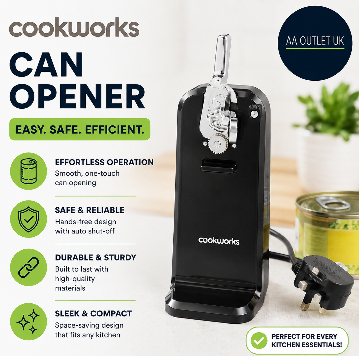 Cookworks Can Opener Black 50 Watts Magent Prevents Lid Magnetic Holder