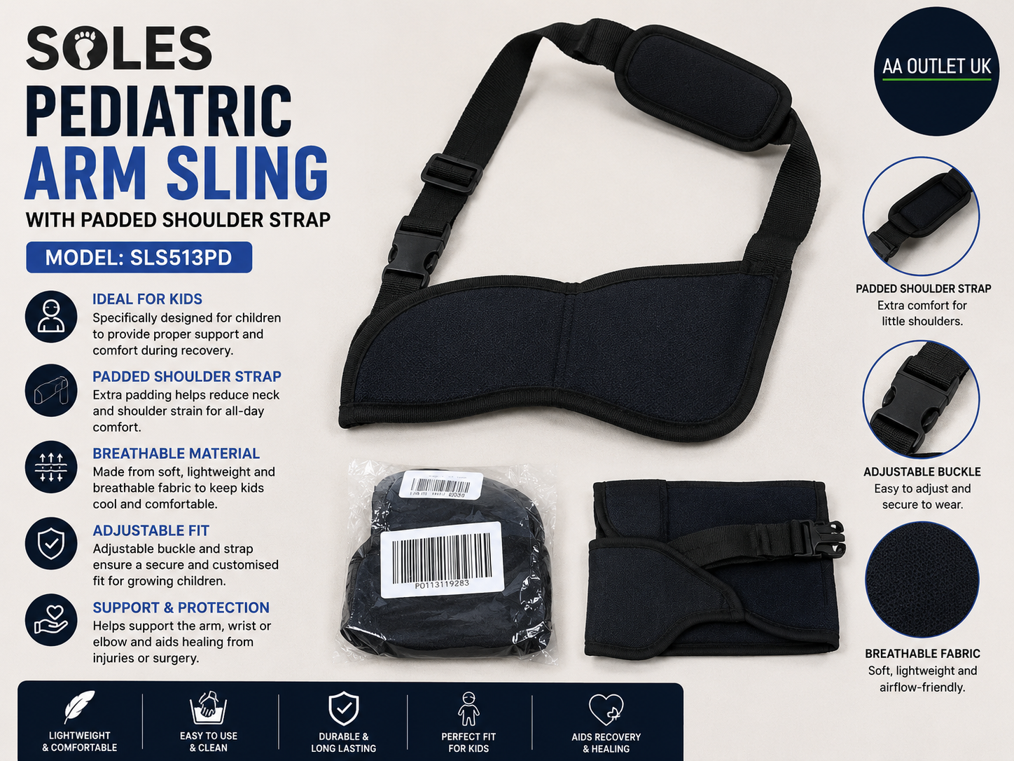 SOLES Pediatric Arm Sling Padded Shoulder Strap SLS513PD Ideal Kids Heavy Duty