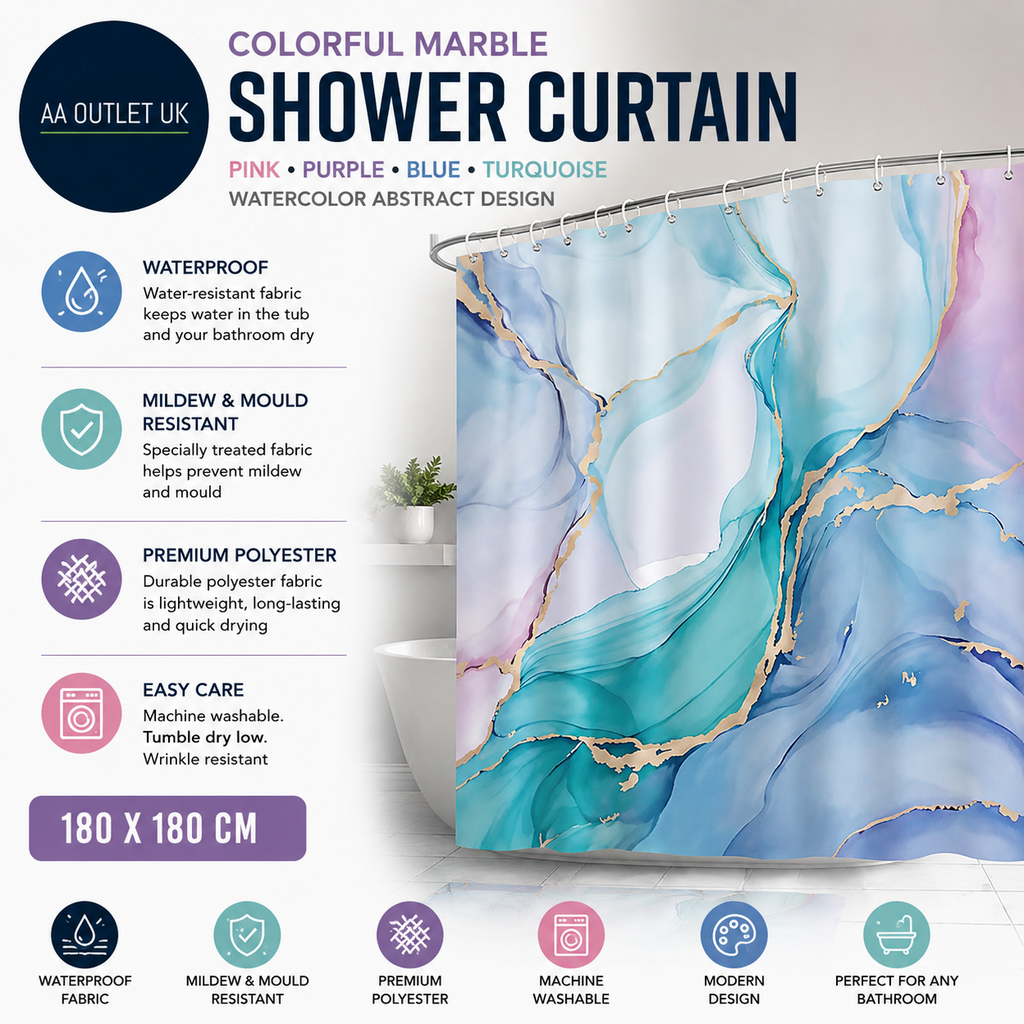 Bonhause Colorful Marble Shower Curtain Pink Purple Blue Turquoise 180x180cm