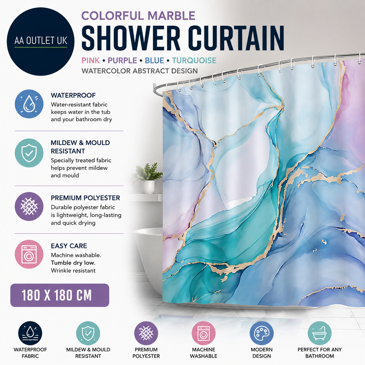 Bonhause Colorful Marble Shower Curtain Pink Purple Blue Turquoise 180x180cm