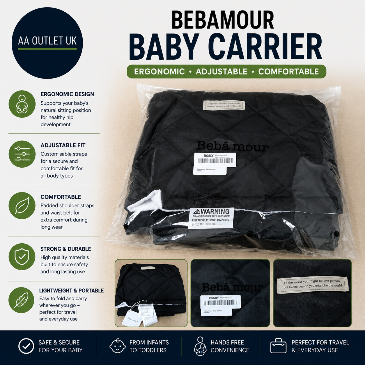Bebamour Baby Carrier Black Ergonomic Infant Hip Seat Adjustable Baby Sling New