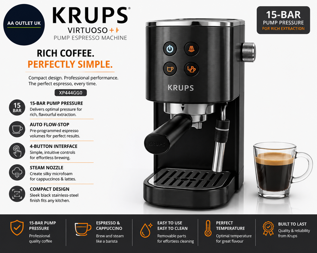 Krups Virtuoso Pump Espresso Machine Compact Black Stainless Steel XP444GG0