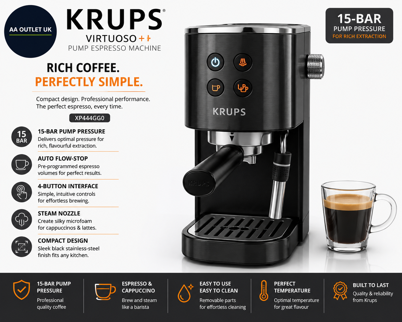 Krups Virtuoso Pump Espresso Machine Compact Black Stainless Steel XP444GG0