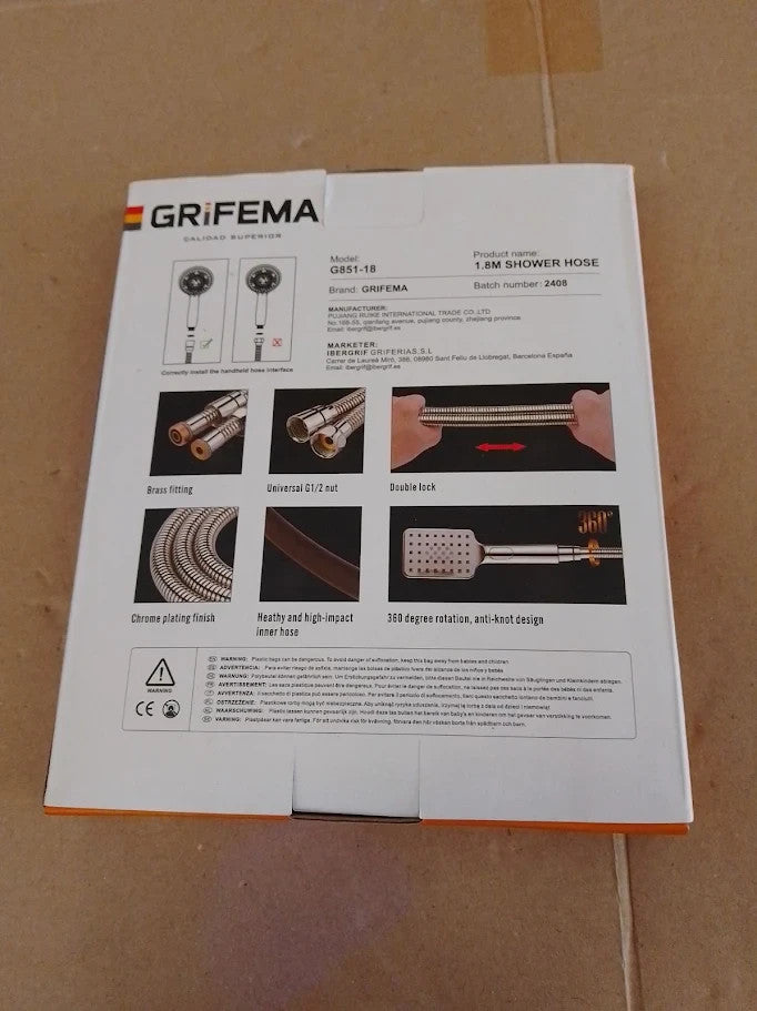 Grifema G85118 1.8m Shower Hose Stainless Steel Replacement Flexible New