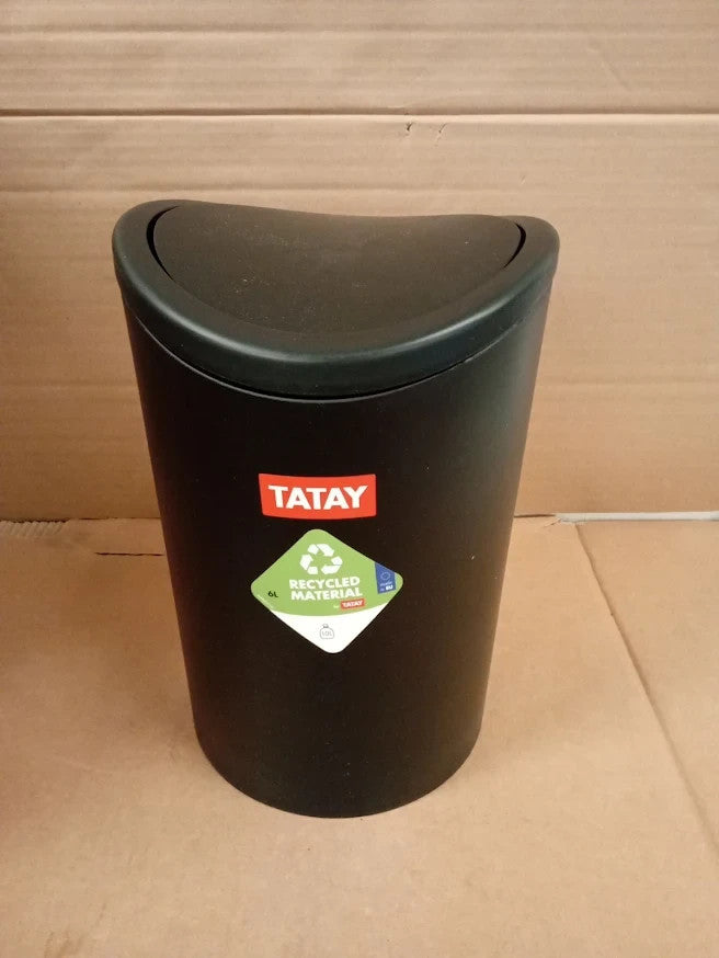 TATAY 6L Bathroom Bin Swing Lid Compact Black Plastic Toilet Bin Durable New