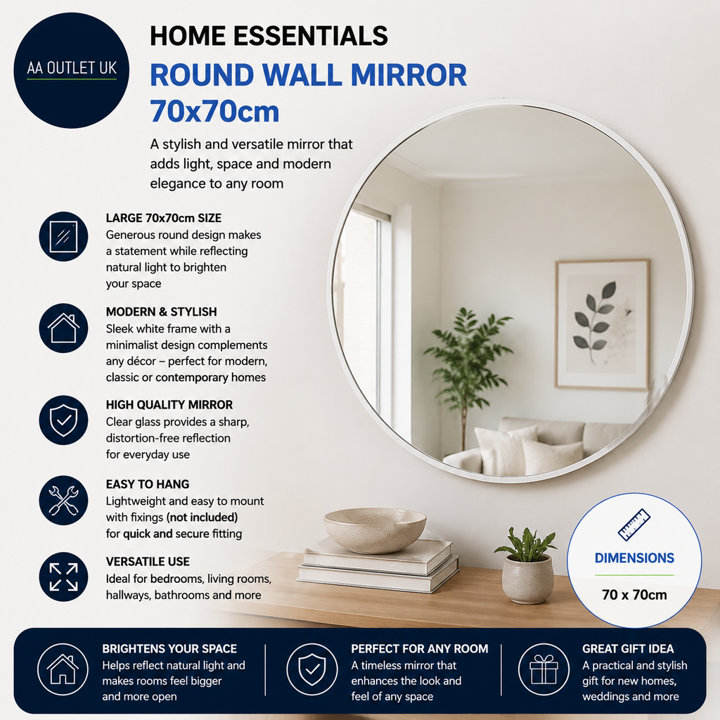 Home Essentials White Round Wall Mirror Mounted Fully Assembled 70x70cm