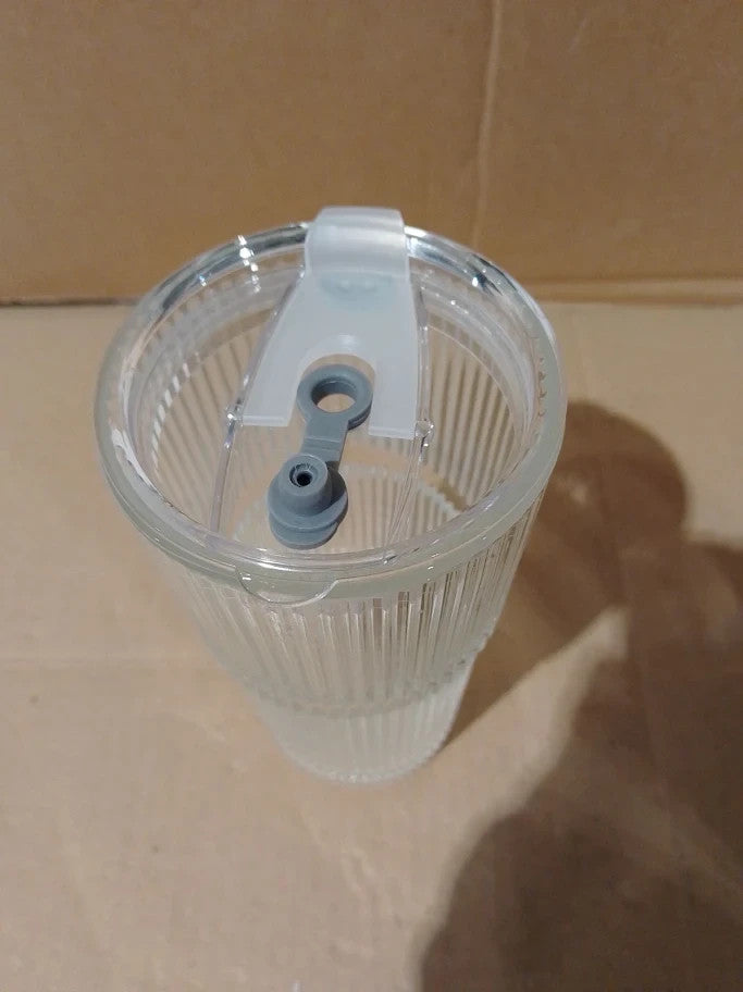 Kemorela 2 Pack 600ml Ribbed Glass Cup With Lids Leakproof Reusable New
