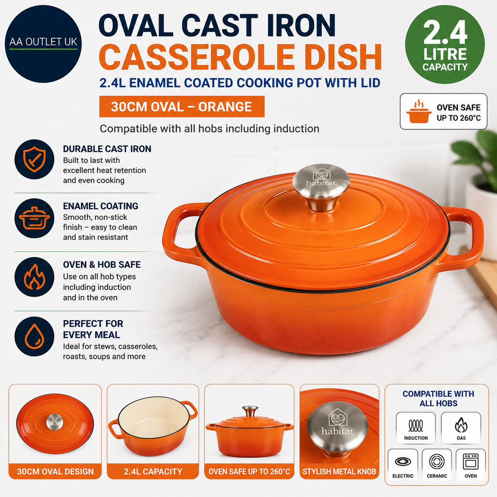 Habitat 2.4L Cast Iron Oval Casserole Dish 14.3x30x17.8cm Dia 30cm Orange