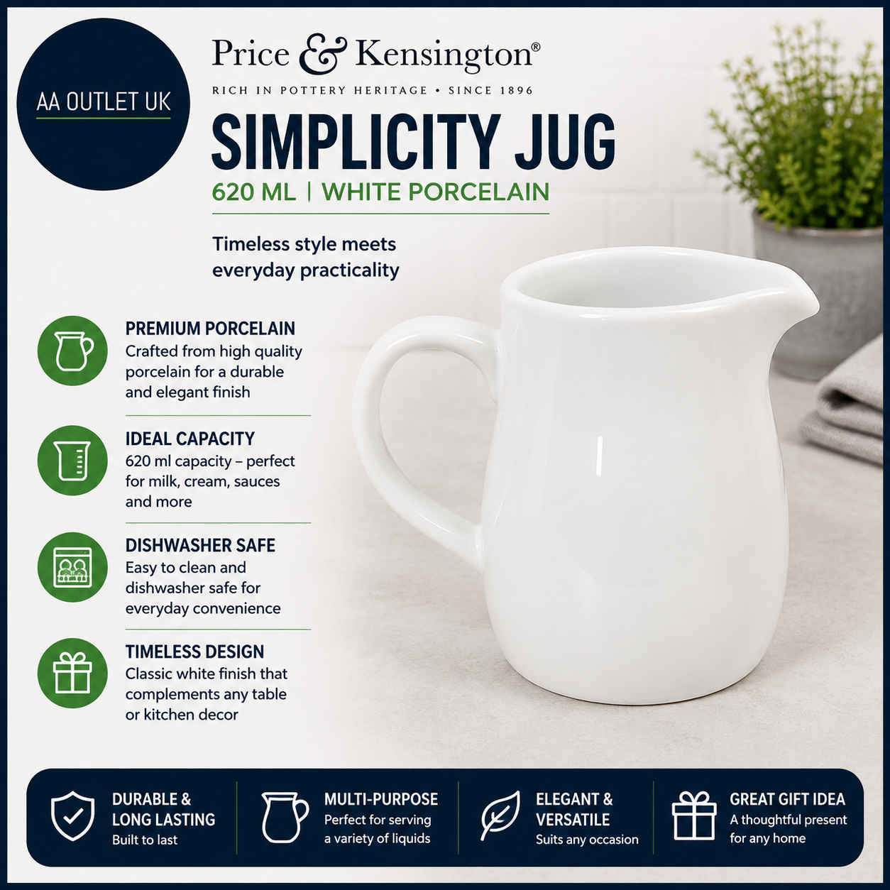 Price Kensington Simplicity Jug 620ml White Porcelain Durable