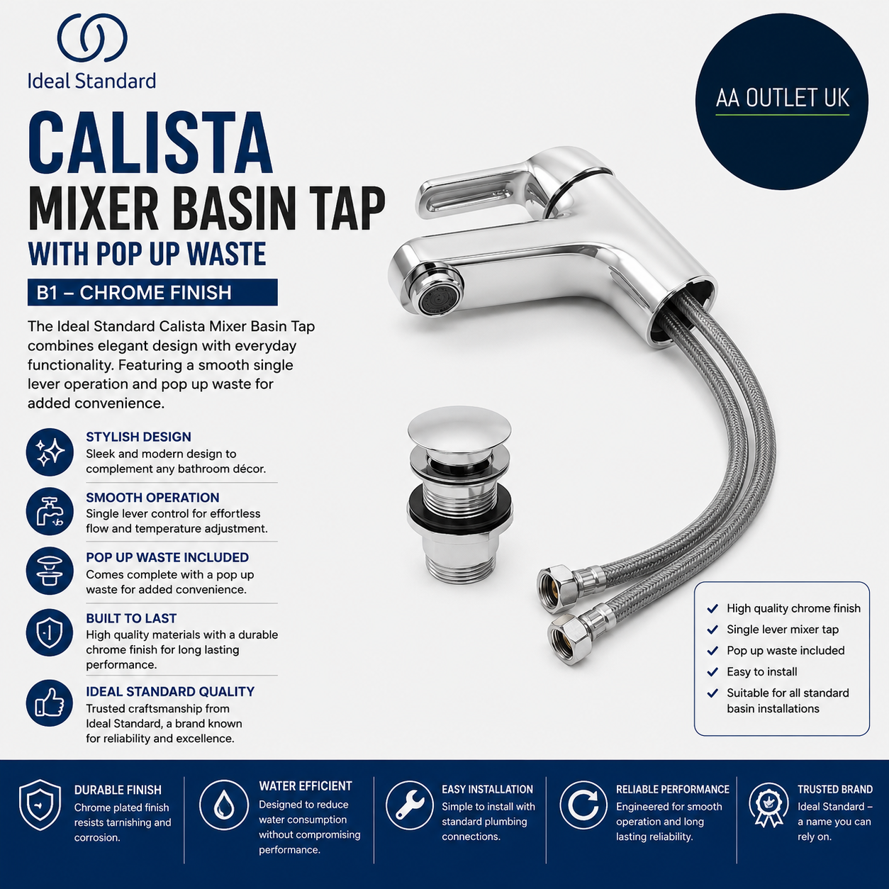 Ideal Standard Calista Mixer Basin Tap With Pop Up Waste B1148AA Chrome