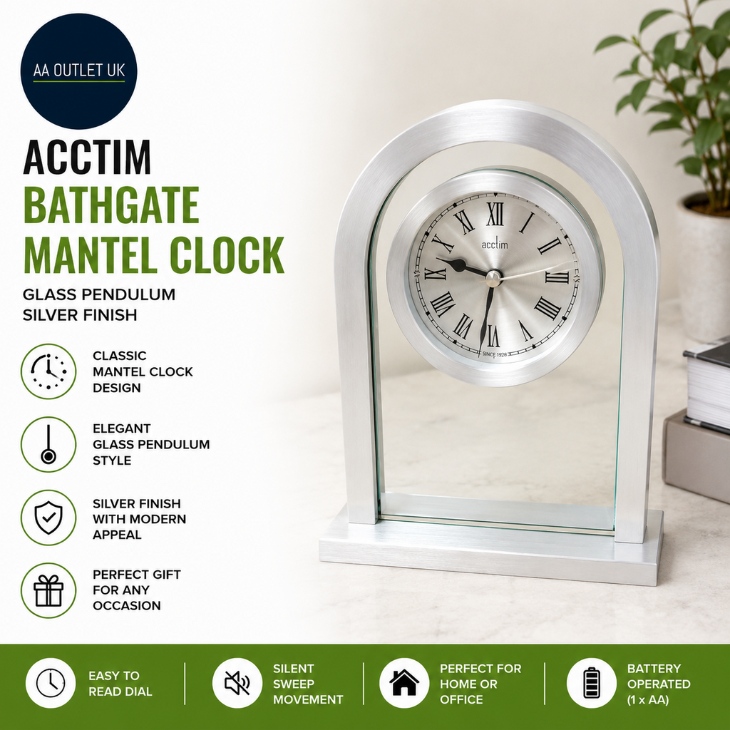 Acctim 36757 Bathgate Glass Pendulum Mantel Clock Analog Modern Silver